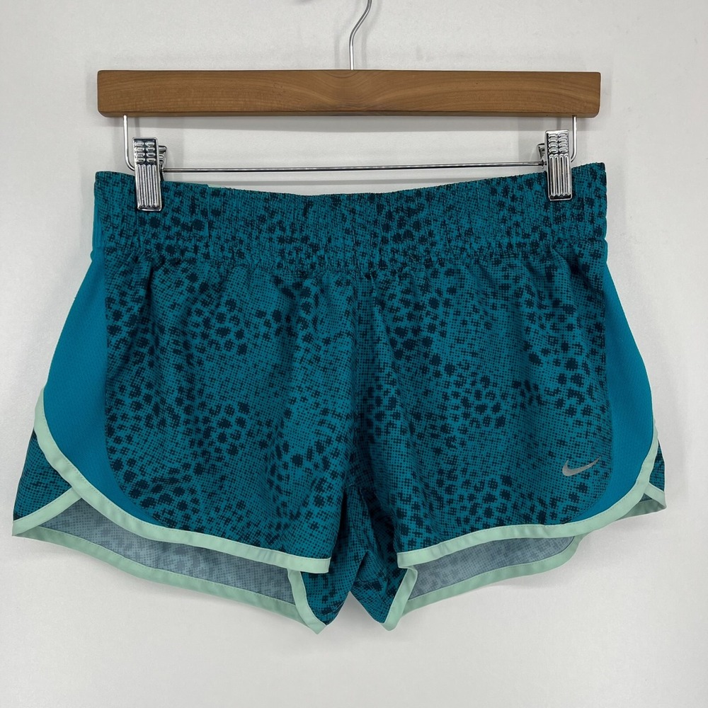 Nike Dri-FIT Womens Teal Digital Leopard Print Running Shorts Size Medium